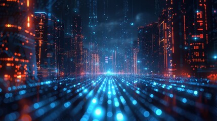 Obraz premium Underneath the velvet veil of night, a city of tomorrow hums with the rhythmic heartbeat of glowing blue data nodes, weaving tales of innovation and possibility. 