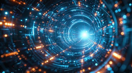 Obraz premium A futuristic abstract pattern with glowing blue lines and dots radiating symmetrically from a central point against a dark background. 