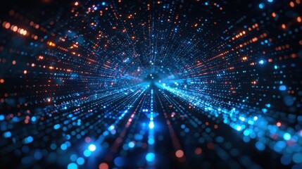 Fototapeta premium A futuristic abstract pattern: glowing blue lines and dots radiate symmetrically from a central point against a dark backdrop, creating a dynamic visual. 