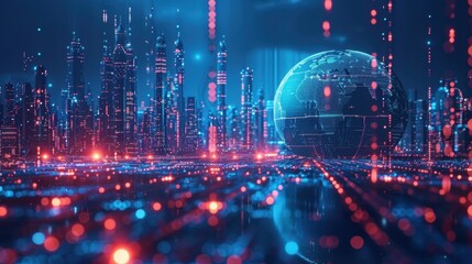 Fototapeta premium Cyber City Lights: Radiant cityscape aglow in vibrant blues, weaving a web of digital networks that span the earth, a beacon of technological advancement. 