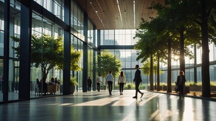 Blurred background of people walking in a modern office building with green trees and sunlight , eco friendly and ecological responsible business concept