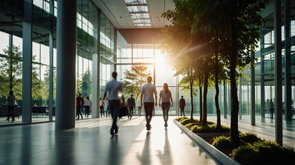 Blurred background of people walking in a modern office building with green trees and sunlight , eco friendly and ecological responsible business concept