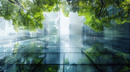 Double exposure magic: towering city buildings and leafy green trees from a ground view, fusing the essence of urban life with the serenity of natural landscapes.

