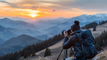 Fototapeta premium 16 Photographer capturing a sunset in the mountains, equipment setup, Photography, Landscape, Passion