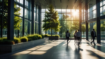 Blurred background of people walking in a modern office building with green trees and sunlight , eco friendly and ecological responsible business concept