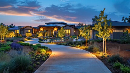 suburban ranch at dusk, with landscape lighting highlighting the architectural features and pathways