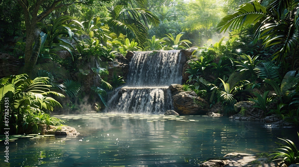 Wall mural tranquil waterfall in lush tropical forest