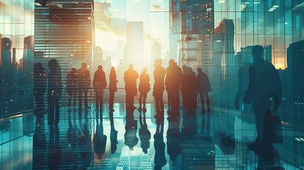 Modern Business Elite in Urban Glow, United for Corporate Operations, Showcasing Tech-Infused Collaboration Amid Dynamic Light and Shadow