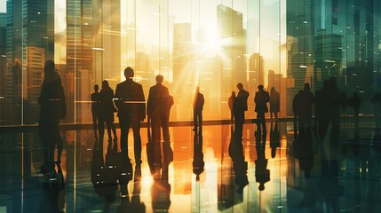 Modern Business Elite in Urban Glow, United for Corporate Operations, Showcasing Tech-Infused Collaboration Amid Dynamic Light and Shadow