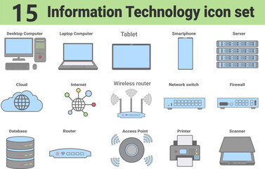 15 icon set of  information technology such as desktop, computer, laptop, tablet, smartphone, server, cloud, wireless, router, network and other illustration