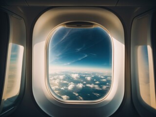 airplane window with clouds view