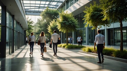 Blurred background of people walking in a modern office building with green trees and sunlight , eco friendly and ecological responsible business concept