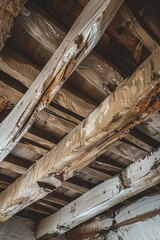 Weathered wooden beams supporting the roof of an ancient countryside cottage, Generative AI