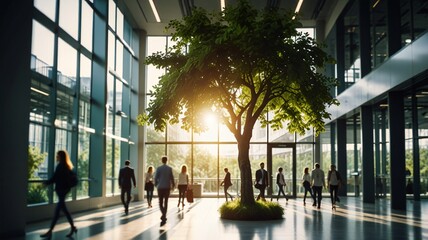 Blurred background of people walking in a modern office building with green trees and sunlight , eco friendly and ecological responsible business concept