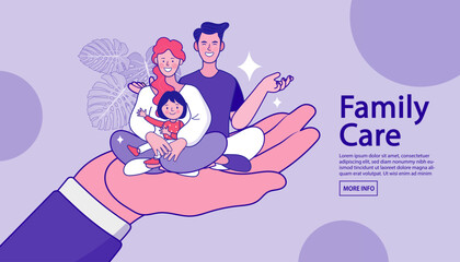 Human hands above parents couple and children. state protection, assistant topics. Vector illustration for hygiene.