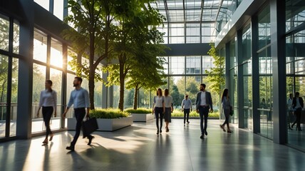 Blurred background of people walking in a modern office building with green trees and sunlight , eco friendly and ecological responsible business concept