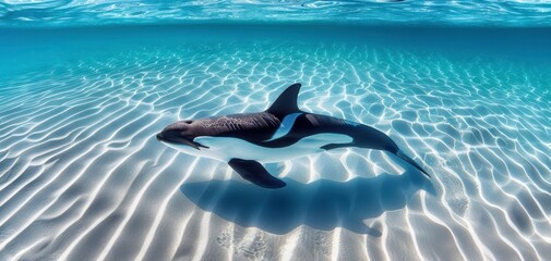 An orca swimming gracefully in clear, shallow ocean waters, displaying natural beauty beneath the surface with sunlight illuminating the scene.