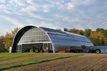 Modern Agricultural Building with Tractors