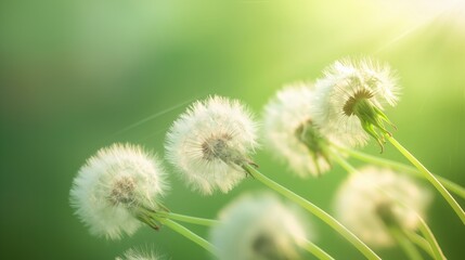 Obraz premium Dandelion seeds in sunlight on a summer day.