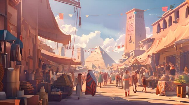 An animation showcasing a bustling market in ancient Egypt, with merchants, camels, and iconic pyramids in the background, all rendered in pixel art
