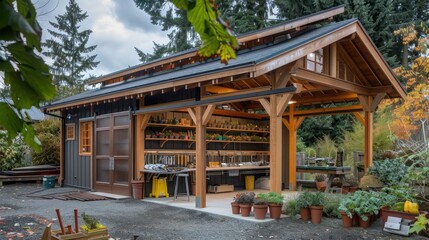 wooden Craftsman-style community gardening shed, designed to store tools and provide a space for workshops and gardening classes, fostering community and education
