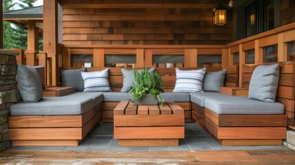 wooden Craftsman-style modular outdoor seating arrangement, featuring versatile components that can be reconfigured as needed for events or relaxation