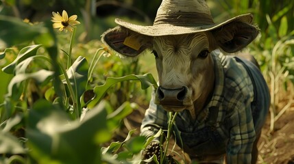 Zebu in a farmer’s outfit, tending to crops.