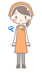 全身｜モヤモヤする女性店員イラスト｜エプロン