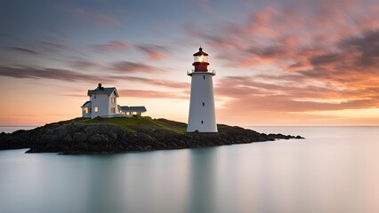 a lighthouse standing tall on a serene island, encircled by glistening waters