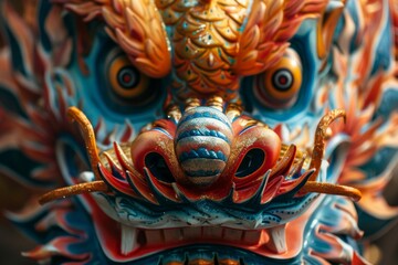 Fototapeta premium A close-up shot of a colorful dragon mask used in traditional dances, showcasing its intricate patterns and bright colors. chinese new year celebration