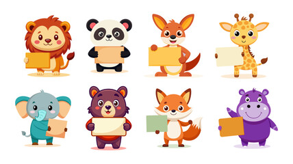 A cute animal set holding empty sign boards in 2D vector style, featuring lion, panda, kangaroo, giraffe, elephant, bear, fox, and hippo. Ideal for kids&rsquo; labels, announcements, and playful designs.