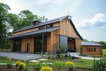 Obraz premium Rustic Wooden Barn with Metal Roof and Large Doors