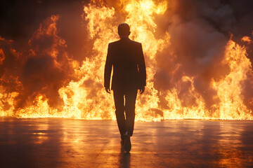 Obraz premium A businessman in a black suit is walking with burning flames and smoke. Back view.