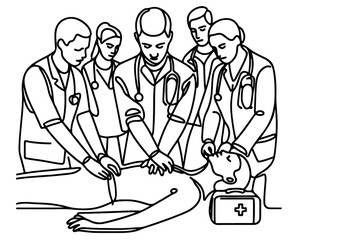 Continuous one black line drawing of CPR technique emergency and first aid class training
