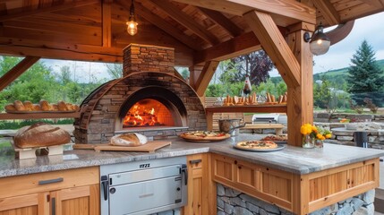wooden Craftsman-style outdoor bread and pizza baking station, complete with a wood-fired oven and preparation counters, crafted to blend culinary arts with outdoor enjoyment