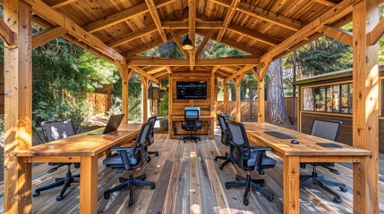 Fototapeta premium wooden Craftsman-style outdoor co-working space, equipped with high-speed internet, power outlets, and ergonomic furniture, blending productivity with the calming influence of nature
