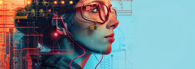 The image shows a woman wearing glasses with a circuit board pattern. Her face is turned to the side and she has a pensive expression on her face. She seems to be in deep thought, contemplating