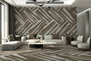 Chic living room filled with built-in cabinets flanking round mirror atop grey tile fireplace, tufted sofa facing two armchairs and window wall overlooking lush outdoors. 3D Rendering