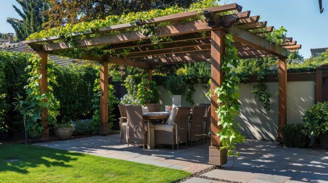 wooden Craftsman-style pergola with climbing vines, creating a natural green roof and providing shade for a patio or garden area