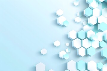 Abstract 3D hexagonal shapes in futuristic blue and white on light blue background