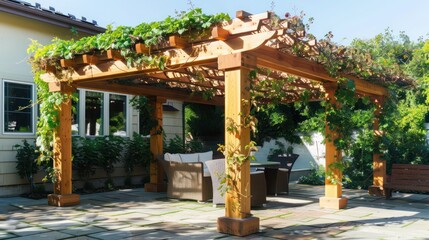 Fototapeta premium wooden Craftsman-style pergola with climbing vines, creating a natural green roof and providing shade for a patio or garden area