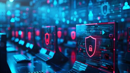 Obraz premium Computer network with Security shield icon, concept of digital security for online data protection, firewall or cyber attacks.