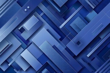 Abstract geometric background with overlapping 3D blue rectangles and layers.