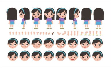 Mascot creation kit of little girl for different poses . Vector constructor with various views, emotions, poses and gestures. Schoolgirl character creation set.