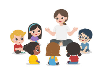 Teacher talks to student sit on floor in circle and listen to her.