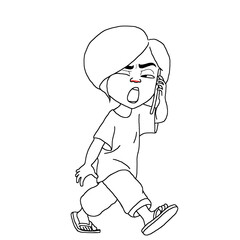 The character walking while talking on the cellphone