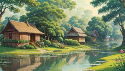 Fototapeta premium Landscape, oil painting on canvas, farmhouse painting, Log house. Cabin for camping. Holidays in the mountains with clouds. Beautiful forest nature. Country landscape. old rural house, Impasto artwork