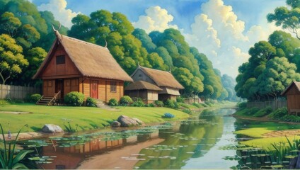 Obraz premium Landscape, oil painting on canvas, farmhouse painting, Log house. Cabin for camping. Holidays in the mountains with clouds. Beautiful forest nature. Country landscape. old rural house, Impasto artwork