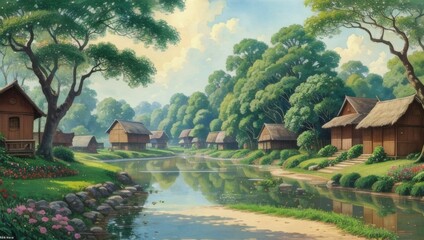 Obraz premium Landscape, oil painting on canvas, farmhouse painting, Log house. Cabin for camping. Holidays in the mountains with clouds. Beautiful forest nature. Country landscape. old rural house, Impasto artwork