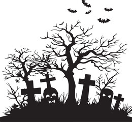 Halloween Graveyard Silhouette Vector Illustration White Background